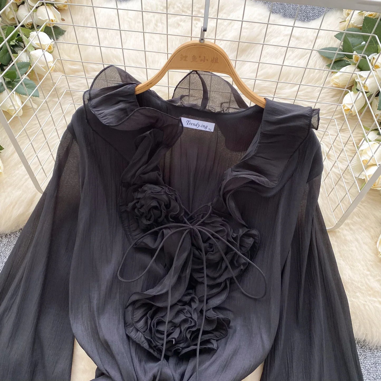 3D Floral Beach Short Dress Female Long Sleeves Lace Up Ruffle Chiffon Cake Sundress Sheer Sexy Vintage Bohemian Dress