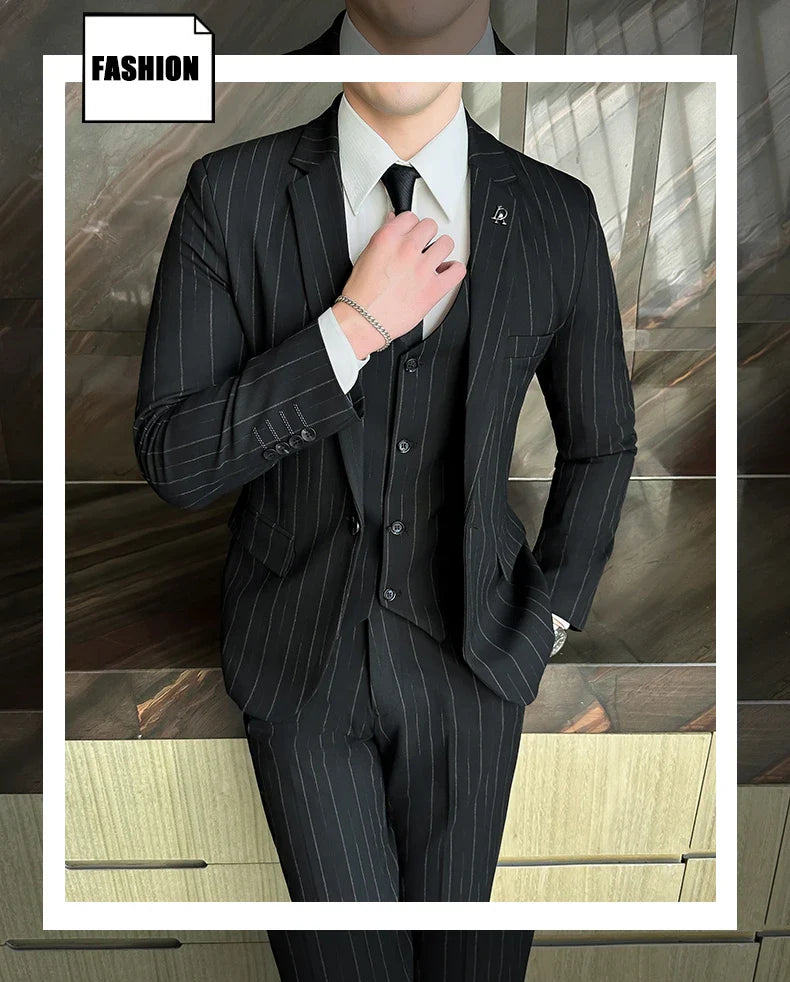 2025 High-Quality Wedding Suit Three-Piece Set Striped Business Casual Fashion Vest Trousers Ensemble Handsome Boutique Trend