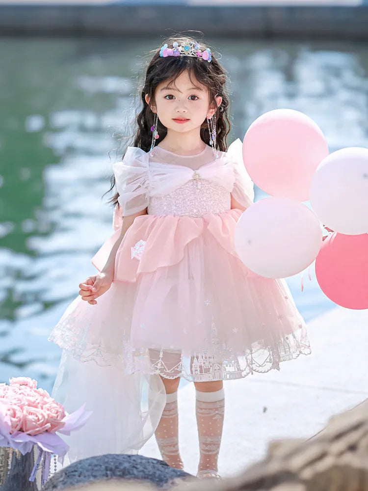Sweet Baby Girls Princess Lolita Dress Kids 2026 New Summer Fashion Sequined Tulle Embroidery Puff Sleeve Performance Tutu Dress