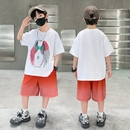 New Kids Boy Summer Clothing Set Cotton T-shirt With Wings Print + Shorts 2 Pieces Tracksuit Outfit for Child Suit Wear 5-14 T