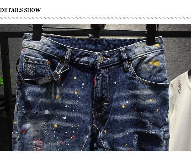 Street Fashion Men Jeans Retro Blue Stretch Slim Fit Spliced Ripped Jeans Men Painted Designer Hip Hop Vintage Denim Pants Homme