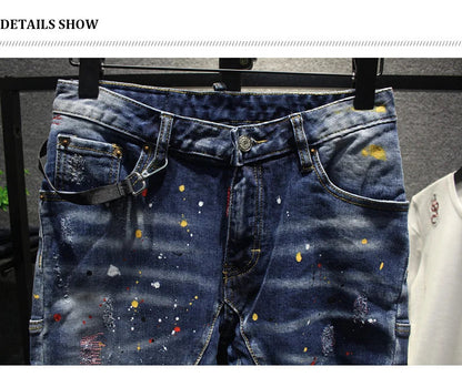 Street Fashion Men Jeans Retro Blue Stretch Slim Fit Spliced Ripped Jeans Men Painted Designer Hip Hop Vintage Denim Pants Homme