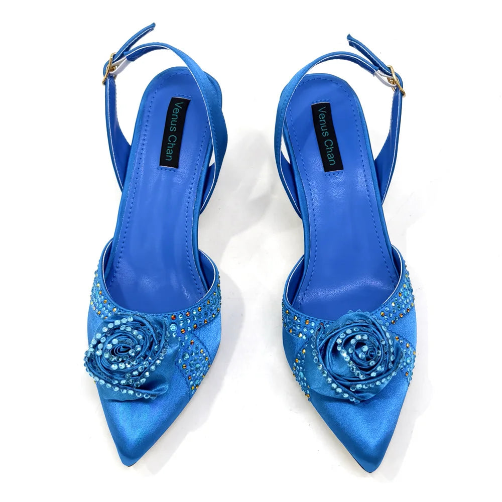 Sparkling Rhinestone Rose Pumps With Medium Heel for Nigerian Women's Party, Pointed Toe Shoes and Matching Bags