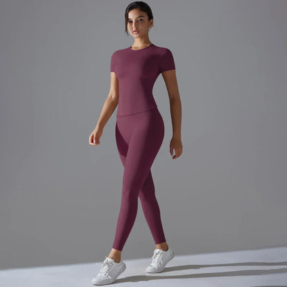 Yoga Set Women Workout Set Sportswear Gym Clothing Fitness Shorts Sleeve Crop Top High Waist Leggings Sports Suits