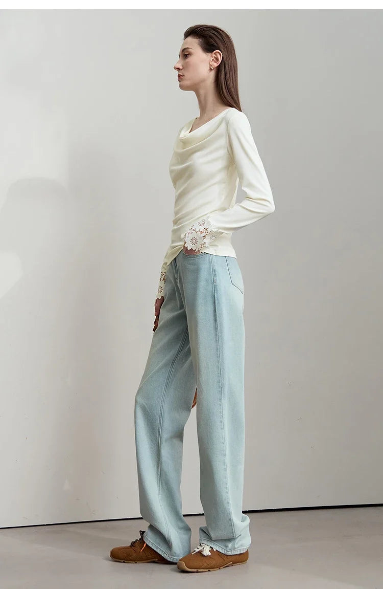 Minimalist Women's Long Sleeve T-Shirt 2025 Autumn Simple Solid Asymmetric Drape Neck Lace Cuffs Tops Casual Tees 12543076