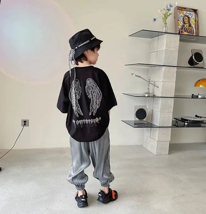 Wings with Rhinestones Trendy Short-sleeve for Kids T-shirt Children Clothes 7 To 14 Years Child 2025 Children's Clothing Korean