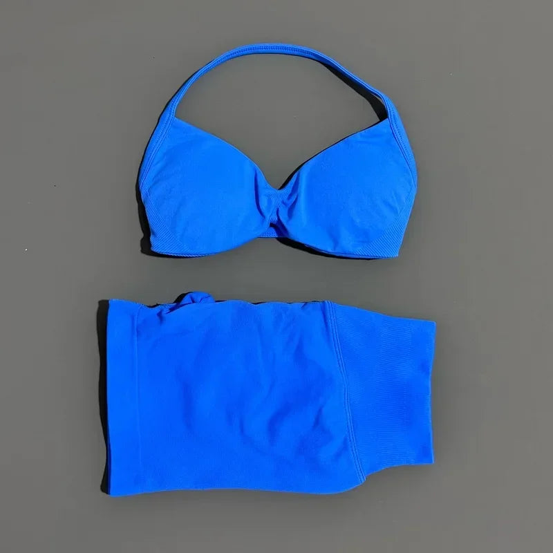 2 Piece Gym Sets Woman Sports Strappy Bra Seamless Set Quick Dry Fitness Squat Proof Shorts Sportswear Running Workout Suit