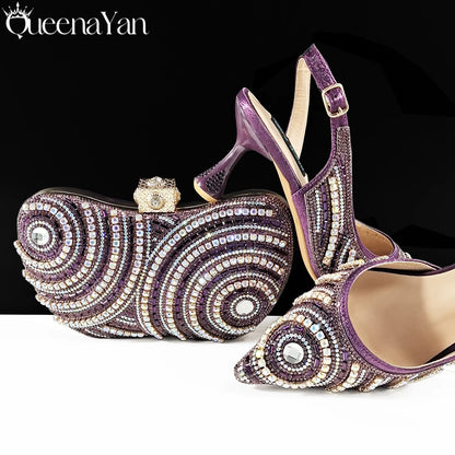 Nigerian Heel Party for Women Silver Color Shoes and Bag Set Rhinestone Handbag Italian Design Wedding INS 2025