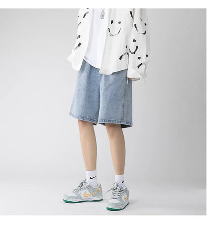 Wide Baggy Denim Shorts Men Summer Thin Solid Color Casual Loose Knee-length Pants Male Jeans Shorts Streetwear