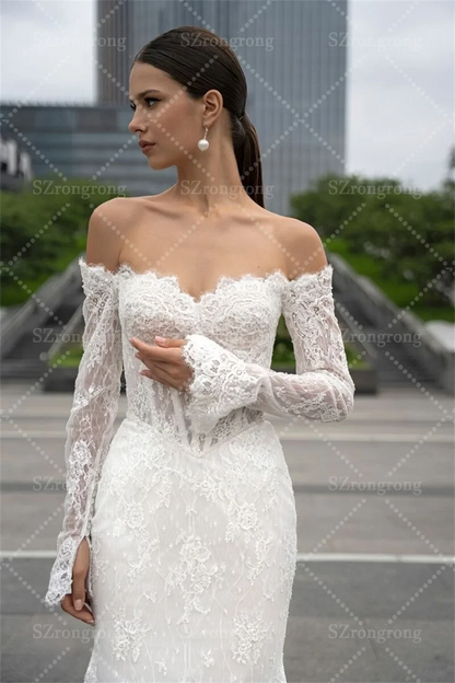 Sweetheart Collar Lace Long Sleeve Boho Wedding Dress Mermaid Backless Long Back Beach Bridal Dress with Train Custom Made