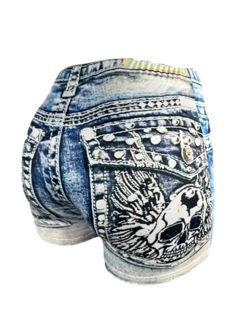 Women's Faux Denim Print High Stretch Slim Shorts, Versatile Yoga Shorts, Polyester Non-Denim Material