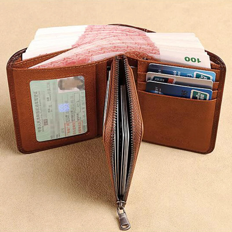 Vintage Fashion Small Cowhide Genuine Leather Men Wallet Travel Anti RFID Zipper Coin Wallet for Men Gifts