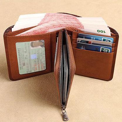 Vintage Fashion Small Cowhide Genuine Leather Men Wallet Travel Anti RFID Zipper Coin Wallet for Men Gifts