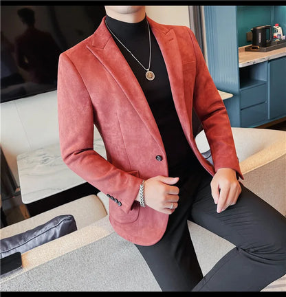 Classics Autumn Winter Suede Suit Jackets Fashion New Solid Slim Fit Business Office Social Blazer Wedding Top Mens Clothing 4XL