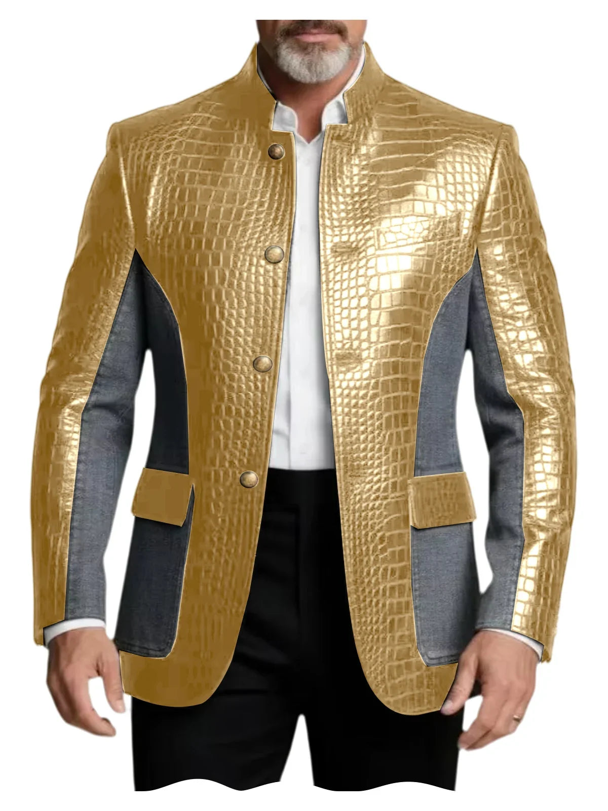 Men's Crocodile Embossed Leather Brown Jacket Patchwork Denim Stand Collar Slim Fit Luxury PU Blazer For Business Casual Party