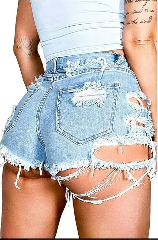 Women Sexy Denim Shorts with Pockets Frayed Ripped Holes Cute Sexy Hot Mini Irregular Waist Jean Shorts