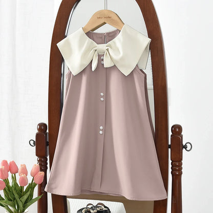 Korean Version Black Sleeveless Kids Clothes Summer New Bow Decoration Girls Dress Birthday Party Princess Dresses 2-7 Years Old