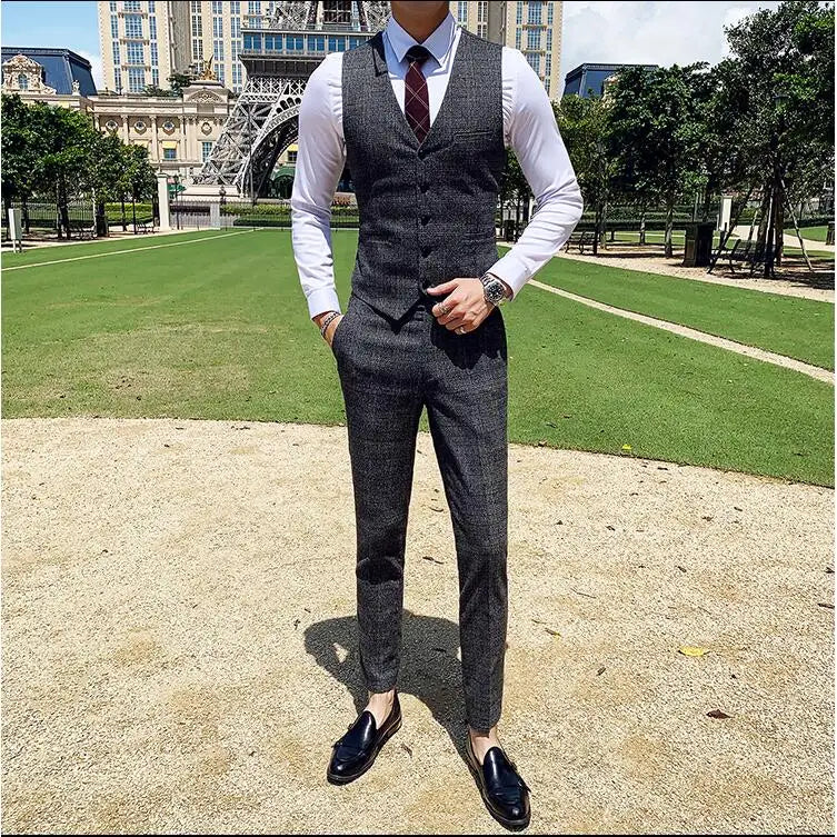 Coffee Brown Men Striped Plaid 3-Piece, Dark Blue Wedding Party Slim Fit Blazers Jacket and Vest with Pants, Asian Size M-5XL