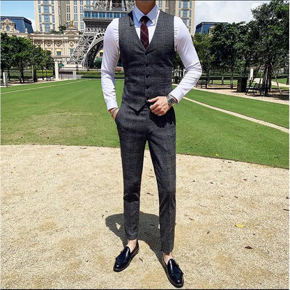 Coffee Brown Men Striped Plaid 3-Piece, Dark Blue Wedding Party Slim Fit Blazers Jacket and Vest with Pants, Asian Size M-5XL