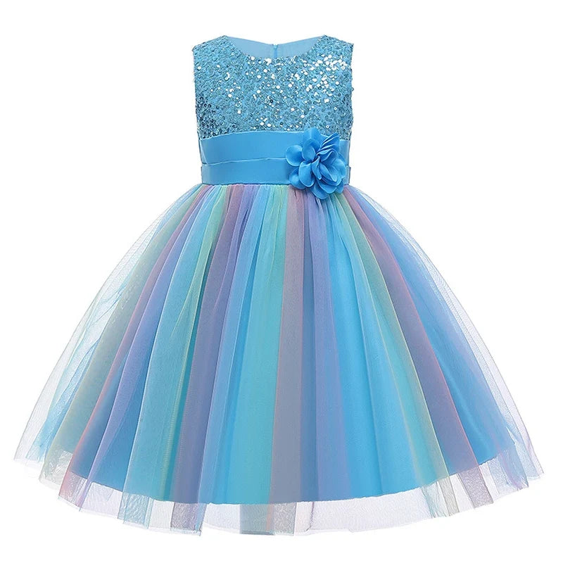 2026 Sequins Girls Dress Summer Flower Fashion Rainbow Mesh Little Princess Dresses For Piano Performance Costume Kids Clothes