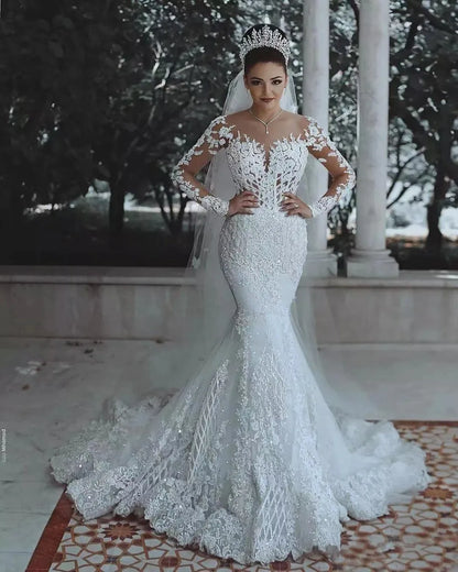 Sexy Mermaid Wedding Dresses Long Sleeves 2023 New Lace Illusion See Through Back Lace Bride Dresses Court Wedding Gowns Luxury