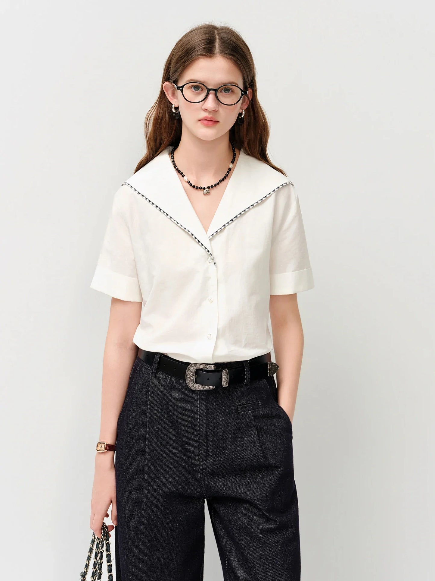 2026 Summer Women's Sailor Collar Shell Embroidered Short Sleeve Shirt Preppy Button Down Blouse for Rebellious Prep Style