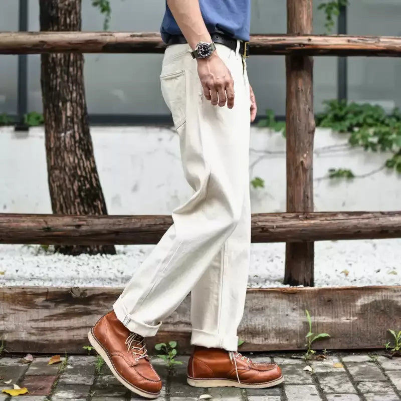 Mens Jeans Selvedge Denim White Jeans Regular Fit hight Rise  14 Oz One Wash
