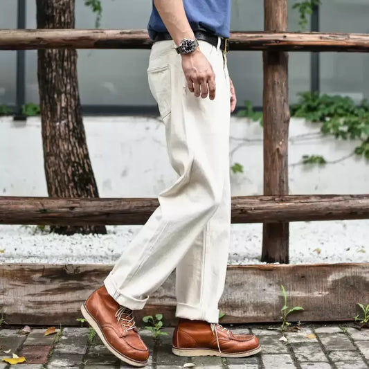 Mens Jeans Selvedge Denim White Jeans Regular Fit hight Rise  14 Oz One Wash