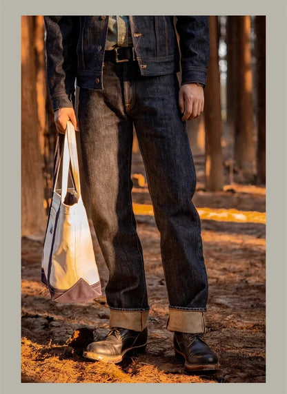 21oz Selvedge Denim Straight Cut Jeans Indigo Rugged Style Men Pants
