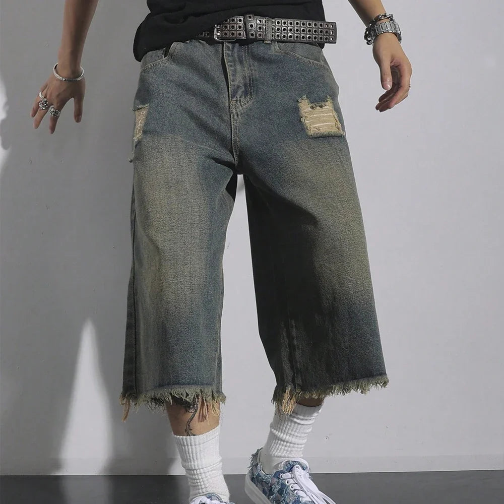 Men's Loose Ripped Denim Jeans 7 Point Calf Length Wide Leg Trousers Distressed Holes Frayed Hem Streetwear Casual Pants