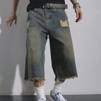 Men's Loose Ripped Denim Jeans 7 Point Calf Length Wide Leg Trousers Distressed Holes Frayed Hem Streetwear Casual Pants