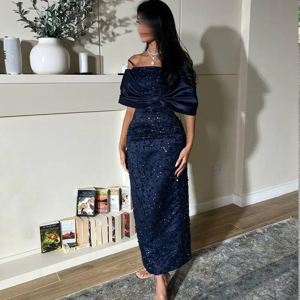 Customized Temperament Prom Gown for Women Mermaid Off The Shoulder Ankle-Length Straight Sequin Lace Evening Party Sexy Dresses