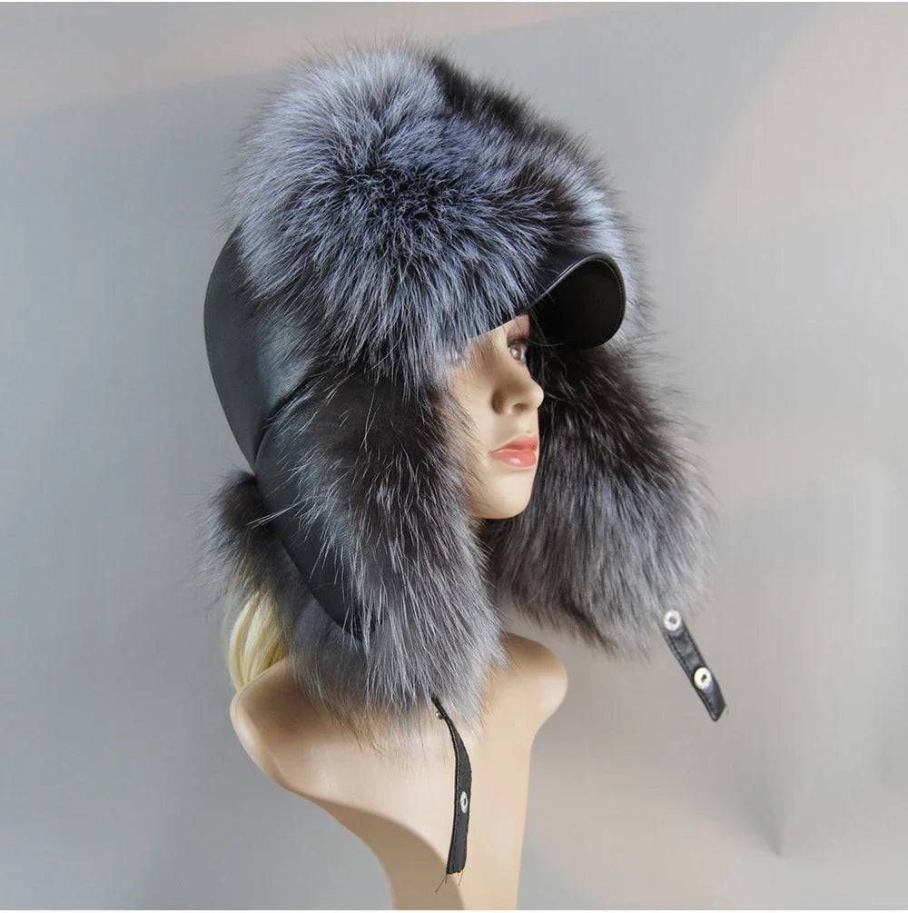 100% Real Fox Fur Hat Women's Russian Ushanka Aviator Trapper Snow Skiing Hat Caps Earflap Winter Raccoon Fur Bomber Hat