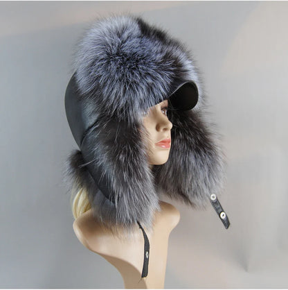 100% Real Fox Fur Hat Women's Russian Ushanka Aviator Trapper Snow Skiing Hat Caps Earflap Winter Raccoon Fur Bomber Hat