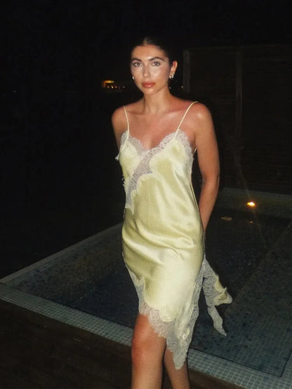 Summer Women Fashion Asymmetry Lace Decorate Dress Female Sexy Sleeveless Backless Halter Neck Collar Beach Party Dress