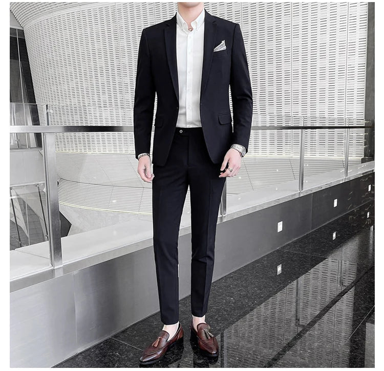 Men's Stylish Handsome Solid Color Suit Two-Piece Set M-4XL High Quality Formal Casual Banquet Fit Trousers Included