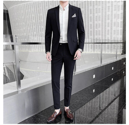 Men's Stylish Handsome Solid Color Suit Two-Piece Set M-4XL High Quality Formal Casual Banquet Fit Trousers Included