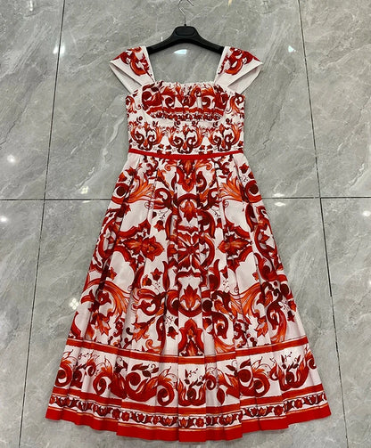 2026 Summer Women's New Fashionable Square Neck Short Sleeve Cotton Printed Waist cinching Mid length Dress