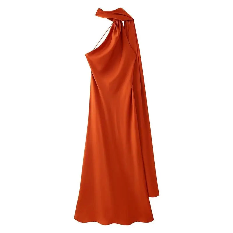 Elegant Long Silk Satin Dress Neck Hanging Pure Color Slim Fit Summer New Fashion Women's Dress City Commuting Casual Wedding
