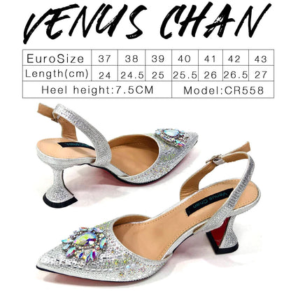 2024 Latest Wedding Pointed Toe Women's Shoes High Heel Black Color Rhinestones italian shoes and bags matching set