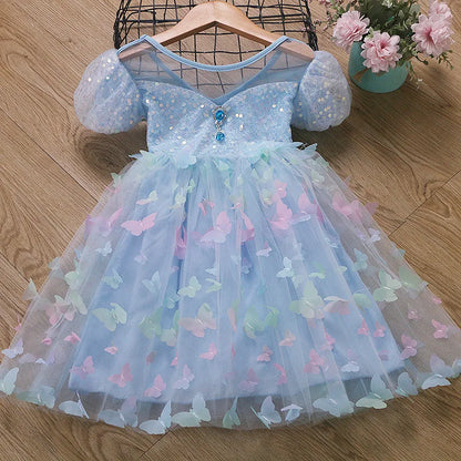 Baby Girls Butterfly Wings Fairy Gauze Princess Puff Sleeve Dress Lovely Kids Summer Tulle Dress Child Birthday Party Gown Dress