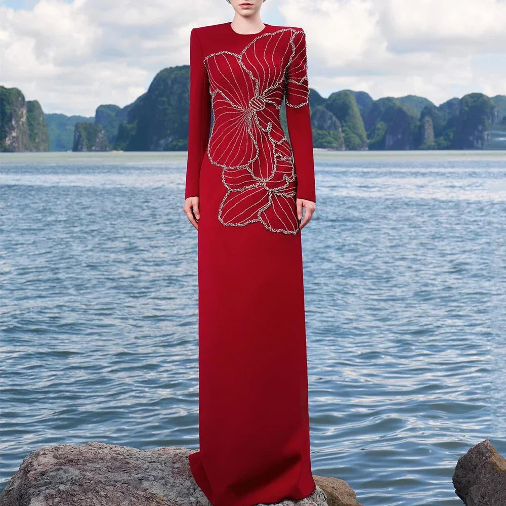 Modern Beading Evening Dress O-Neck Long Sleeve Straight Floor Length Women Customized Occasion Formal Jersey Party Gown New