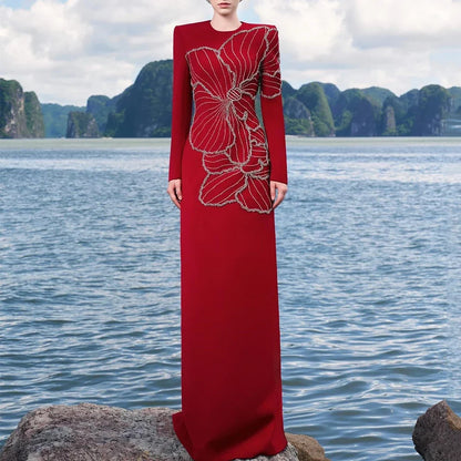 Modern Beading Evening Dress O-Neck Long Sleeve Straight Floor Length Women Customized Occasion Formal Jersey Party Gown New