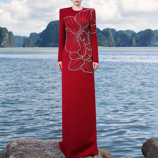 Modern Beading Evening Dress O-Neck Long Sleeve Straight Floor Length Women Customized Occasion Formal Jersey Party Gown New