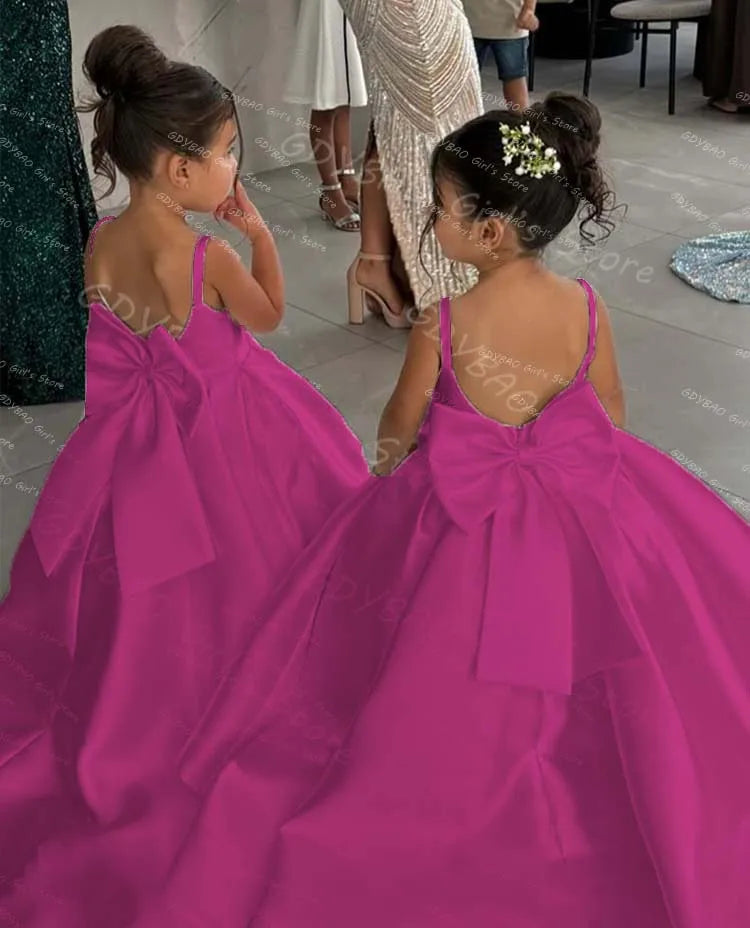 White Flower Girl Dress With Bow Strap Mini Bridal Wedding Dress Kids Ball Gown 1st Communion Frock Customized Vestidos De Noiva