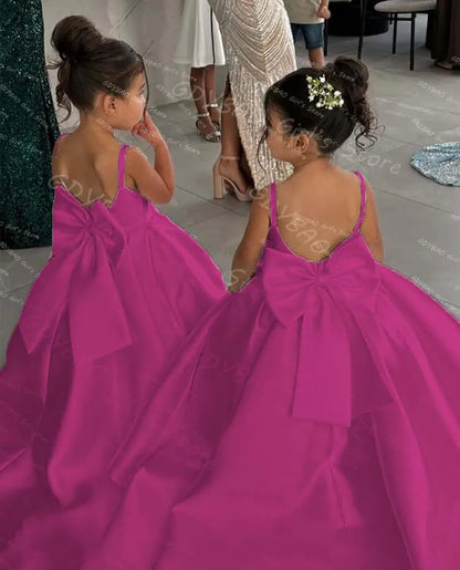 White Flower Girl Dress With Bow Strap Mini Bridal Wedding Dress Kids Ball Gown 1st Communion Frock Customized Vestidos De Noiva