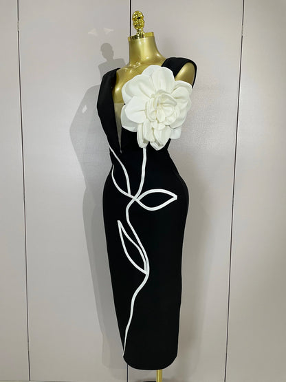 Sexy Off Shoulder White Flower Black Red Bodycon Bandage Long Dress Women Luxury Celebrity Evening Club Elegant Party Gowns