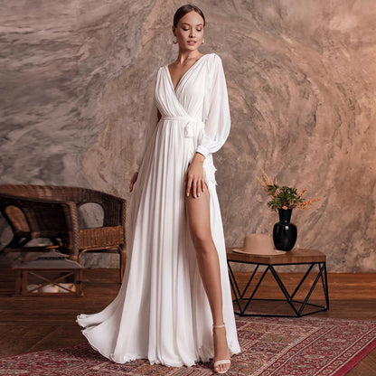Simple Wedding Dress Customized V Neck Puff Sleeves Plain Chiffon A Line Beach Wedding Gown Side Slit Bridal Dresses