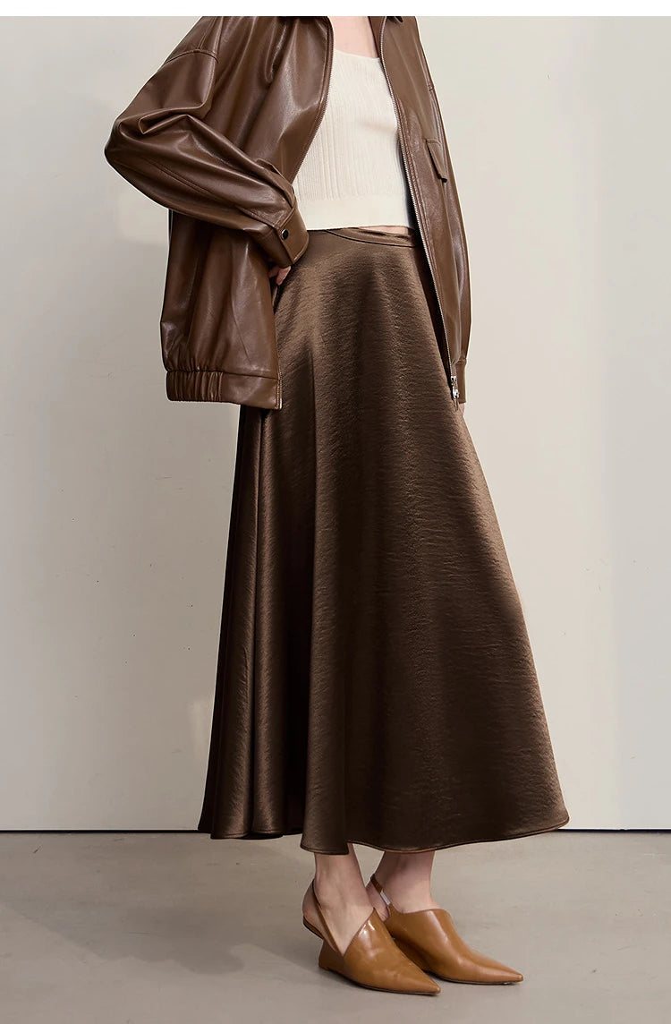 Women's Skirt Loose Long A-skirt Satin Skirts For Women 2025 Autumn New Minimalist Solid Color Clothing Ladies 12513015