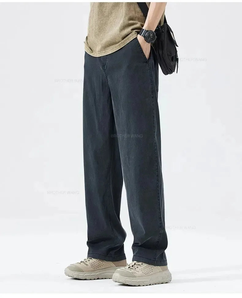 Ultra Thin Baggy Jeans Men's Summer New in Lyocell Soft Breathable Straight Trousers Elastic Waist Casual Blue Gray Wide Pants